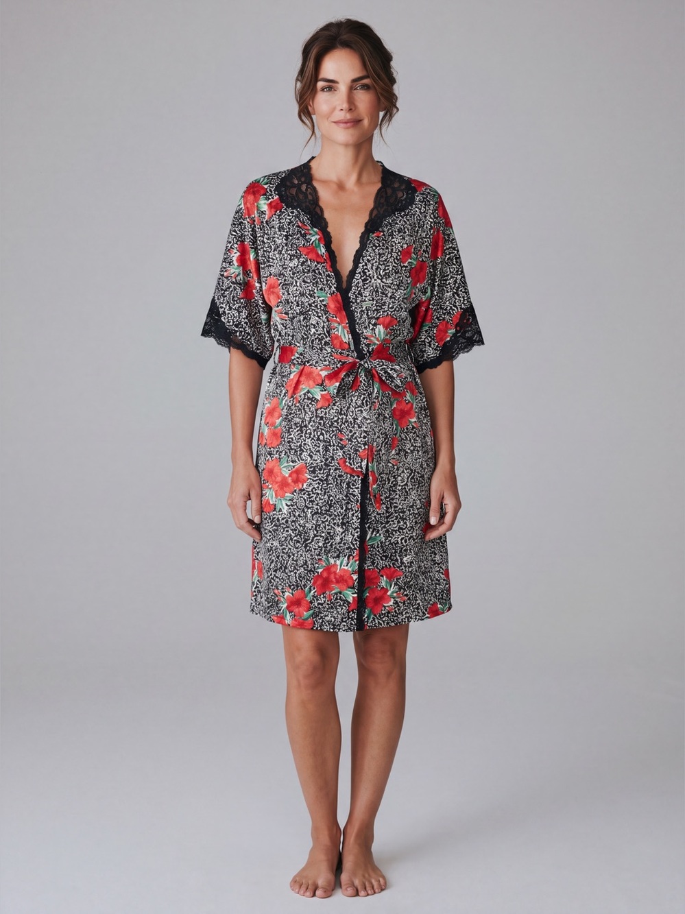 4/$20 Vintage Barbizon Floral Lace Trim Robe Kimono Red Black Boho Lounge Wrap S